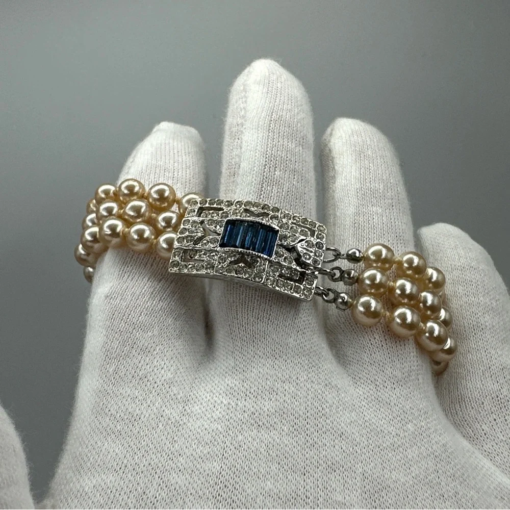 Rare Kenneth Lane Vintage Triple Strand‎ Faux Pearl Art Deco Style Bracelet #519 - Picture 4 of 7